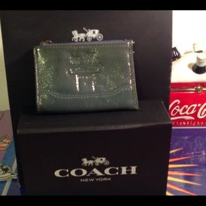 Coach Teal Coin Card Holder Key Chain Leather